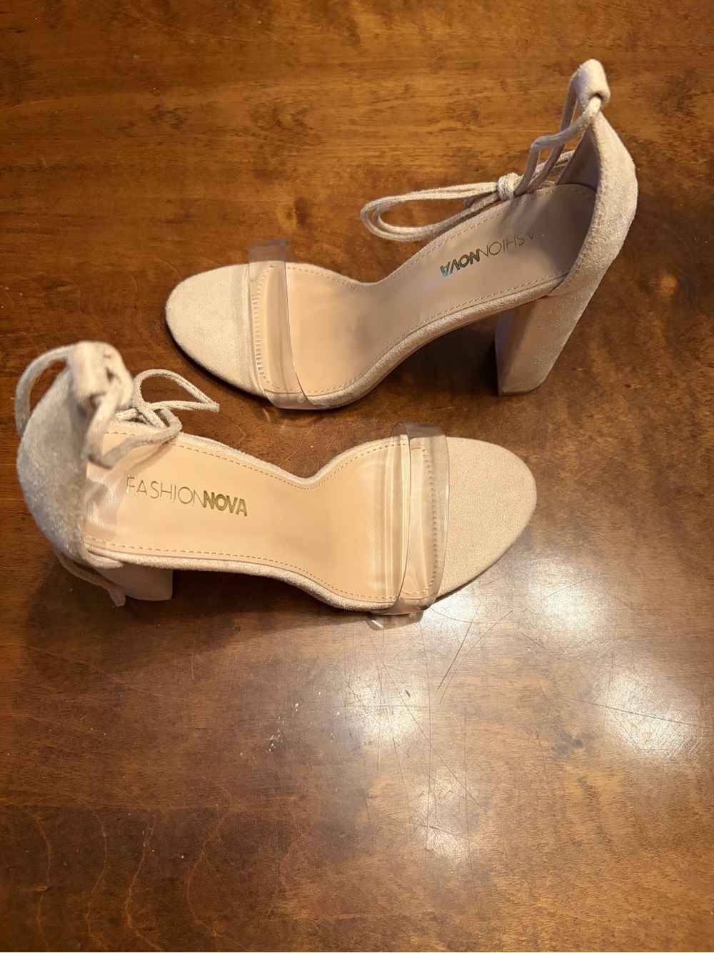 Fashion Nova Beige Block Heel Sandals with Clear Toe Strap